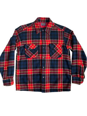 Vintage 70s Pendleton Board Shirt Mens M Virgin Wool Plaid Flannel Flap Pocket